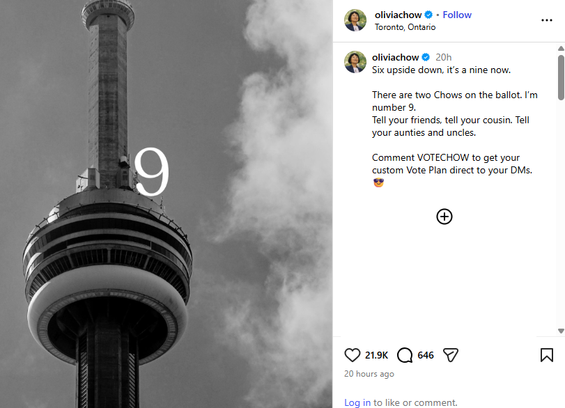isaaccallan's tweet photo. The Olivia Chow campaign reminding voters today and yesterday that Braeden Chow is also on the mayoral ballot.

Chow telling her supporters she is candidate number nine on the ballot, with advance voting now underway. #TOpoli https://t.co/NUUs8pyc0o