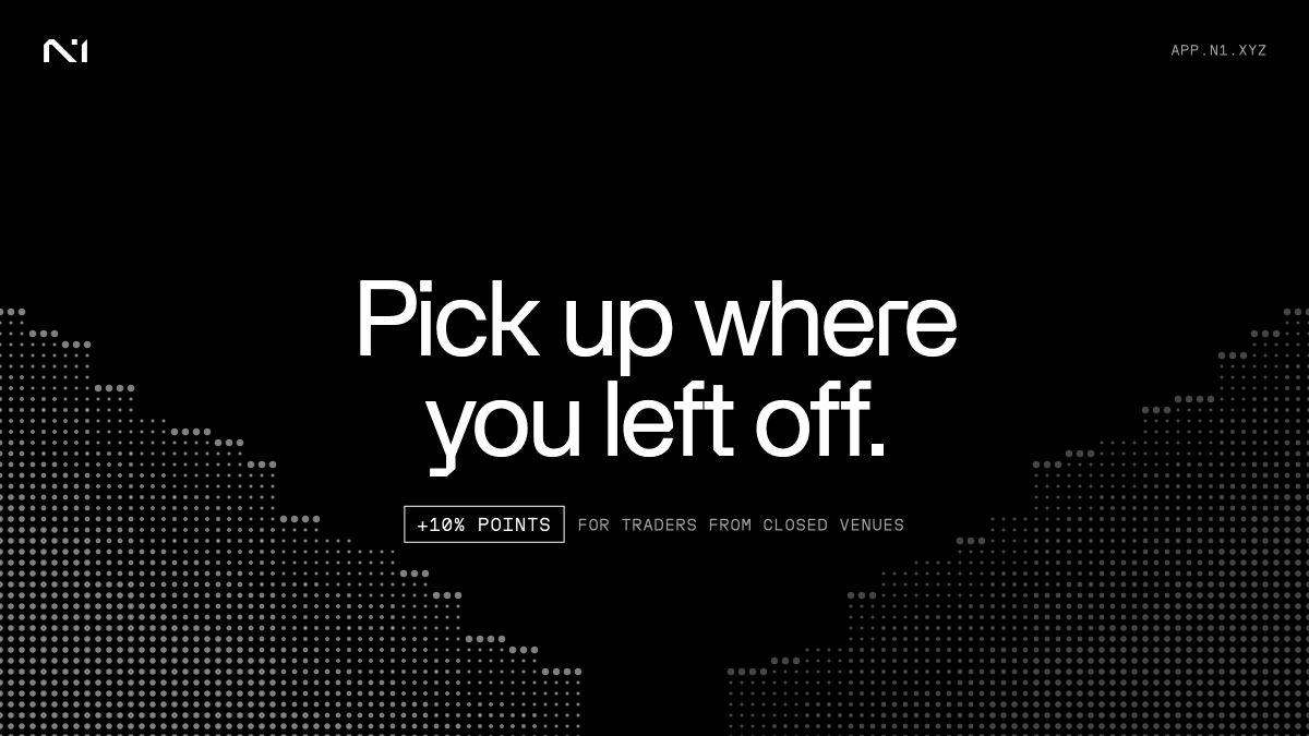 N1Chain's tweet photo. Looking for a new perp venue?

If your previous platform recently shut down, get a 10% N1 Points boost for your first two weeks of trading.

Trade on web, iOS + Android.
https://t.co/YEgJRsr0UU https://t.co/asNVKQSoQw