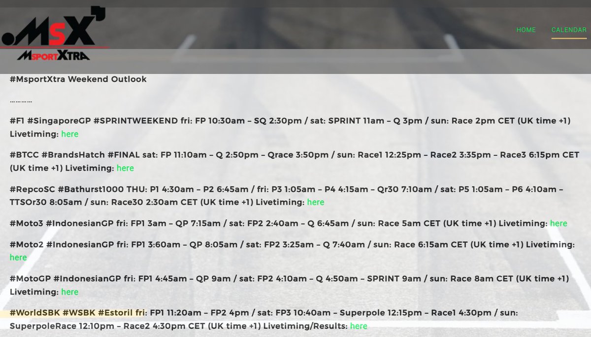 MsportXtra's tweet photo. It's #RACEWEEK !! This time with...
#F1 at @F1NightRace .
#BTCC for the final at @Brands_Hatch .
#RepcoSC do the #Bathurst1000 .
#MotoGP at the Pertamina Mandalika International Circuit.
and...
#WorldSBK at @CIRCUITOESTORIL .
More at https://t.co/X5I0jgulfZ !!
#MsportXtra https://t.co/wWxpJ6VWNY