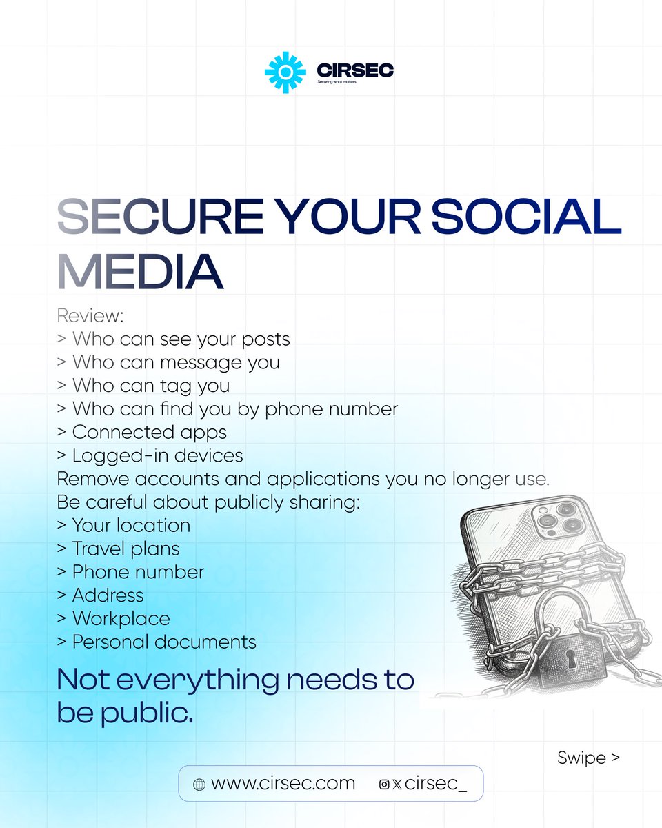 Cirsec_'s tweet photo. Your digital life is worth protecting.
OTPs, WhatsApp, social media, suspicious linksโฆ the little things matter.
Here are a few more simple ways to protect yourself online. ๐๐ฝ
Think. Check. Protect.
#CIRSEC #Cybersecurity #CyberAwareness https://t.co/oGbkxpfGdk