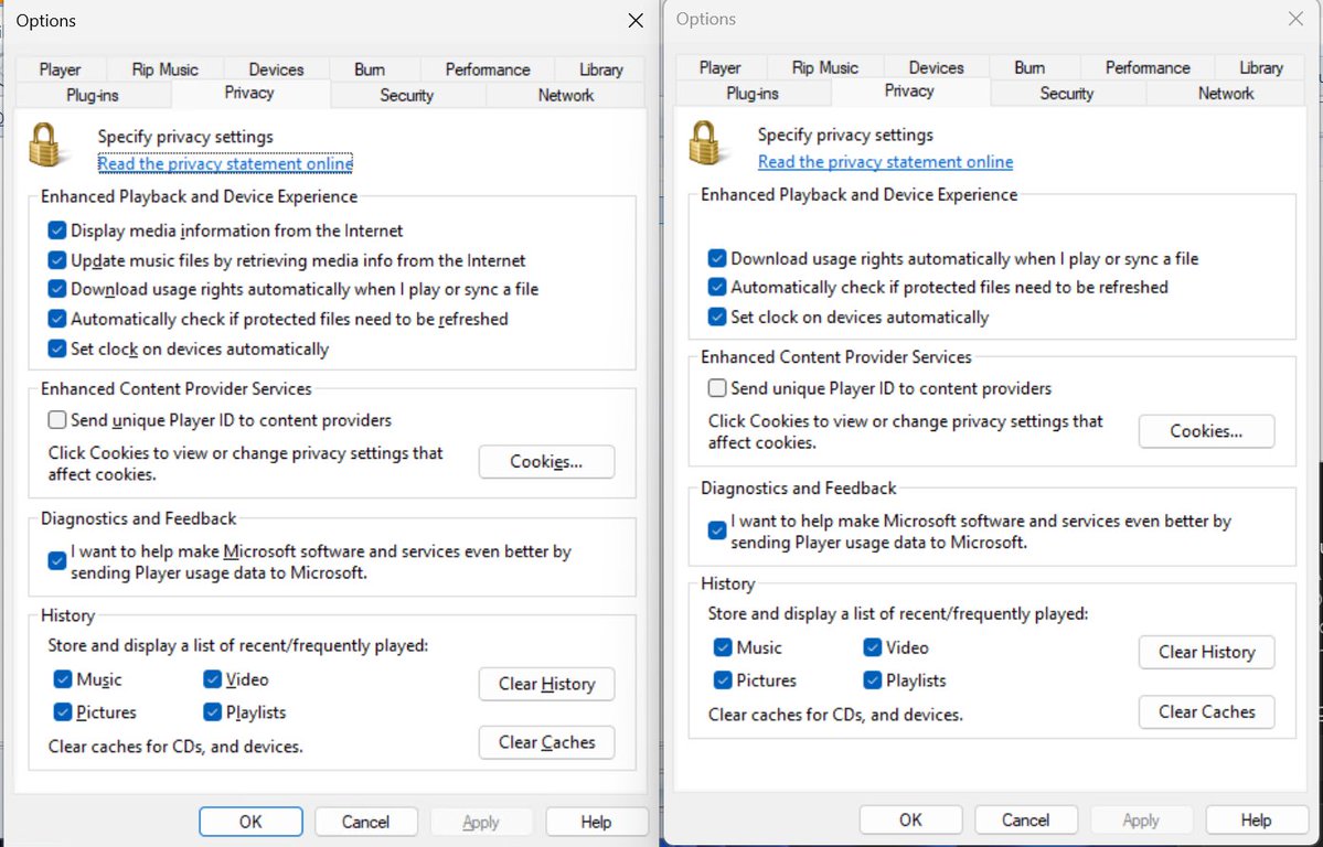XenoPanther's tweet photo. Some Windows Media Player Legacy changes introduced in build 29683
The ability to find album info has been removed (Feature has been dead for ages) and as such, the copyright mention for Gracenote has been removed

Left is 29680, right is 29683 https://t.co/TmhxmyeCZA