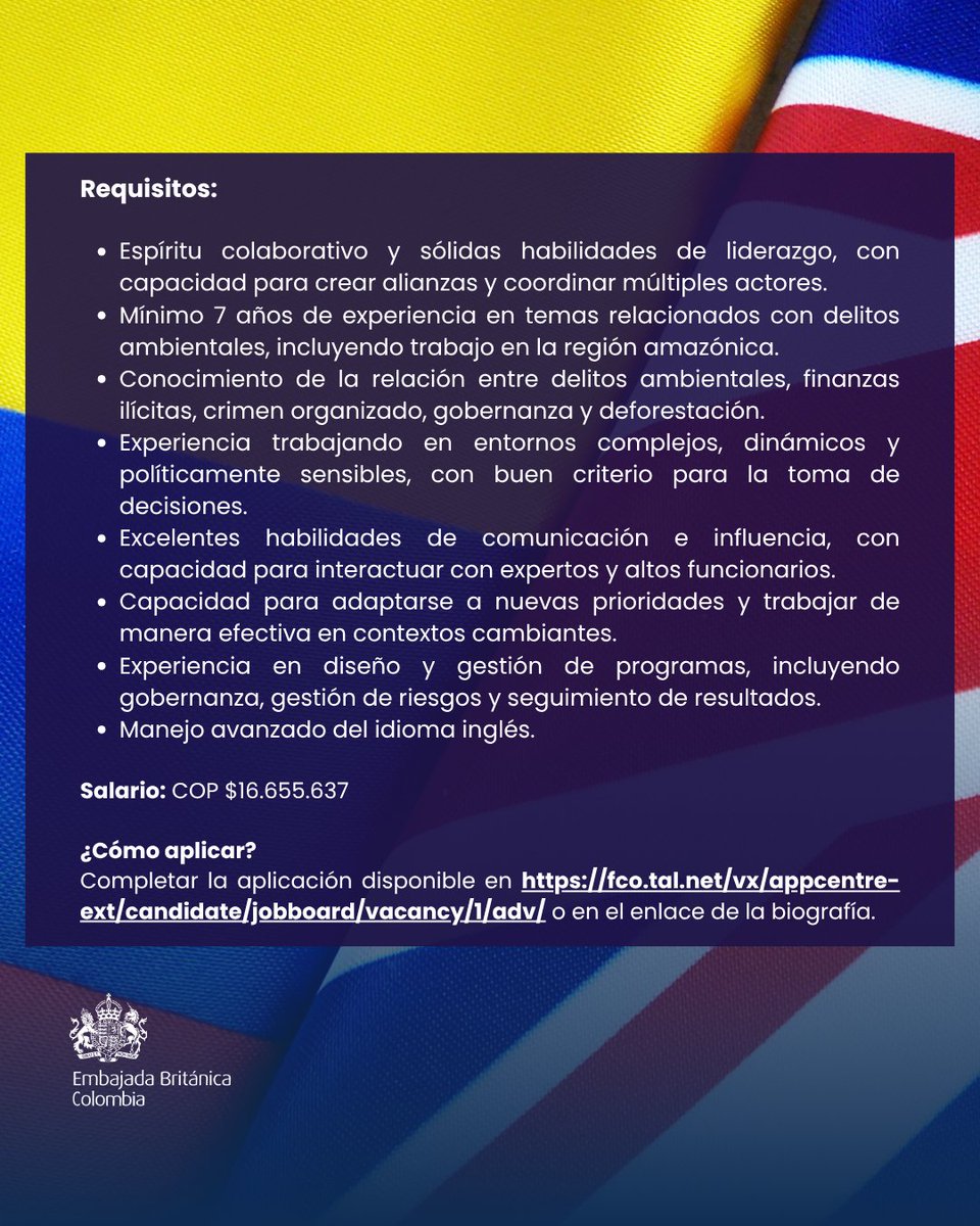 UKinColombia's tweet photo. ¡#TrabajoSíHay! Buscamos un/a Asesor/a en Delitos Ambientales que apoye el desarrollo de estrategias y programas del Reino Unido para combatir el crimen ambiental en Colombia y la Amazonía.🌳

🇬🇧🇨🇴Postúlate antes del 18 de octubre aquí👉🏽 https://t.co/lqP0OPrtJE https://t.co/oYQ4Yq0ZH1