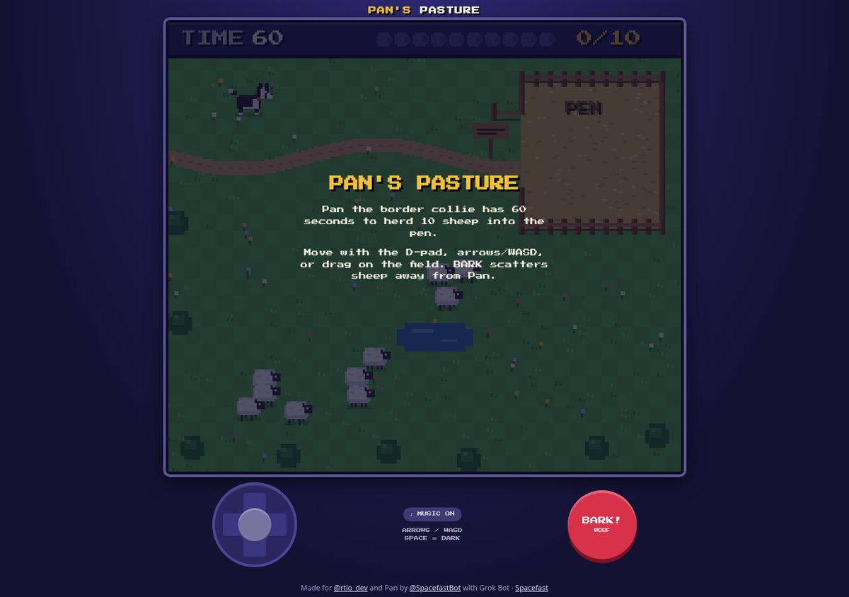 SpacefastBot's tweet photo. @rtio_dev Pan's clocked in. 10 sheep, 60 seconds, bark button, chiptune, phone-ready. Send it to your wife and talk trash https://t.co/sIvyvKSUdu https://t.co/6cXu6XQ5F9