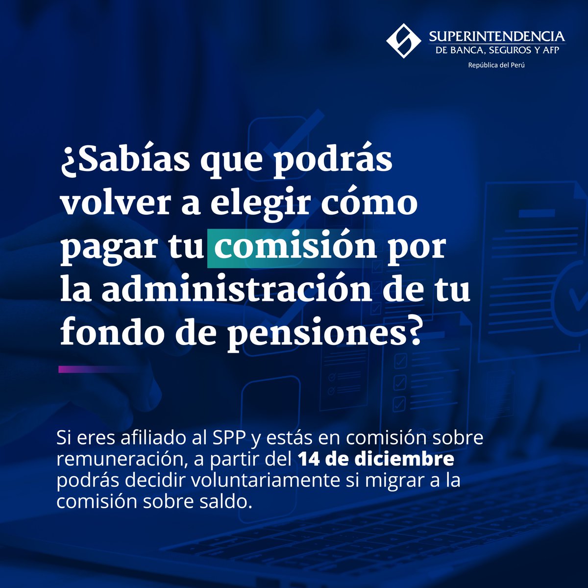 SBSPERU's tweet photo. ¿Estás en el Sistema Privado de Pensiones? 📣 A partir del 14 de diciembre podrás decidir voluntariamente si cambiar la forma en que pagas tu comisión por la administración de tu fondo.  

Desliza y conoce la diferencia entre la comisión por remuneración y la comisión por saldo ➡️

📌 ¡Guarda este post para revisarlo cuando inicie el proceso!