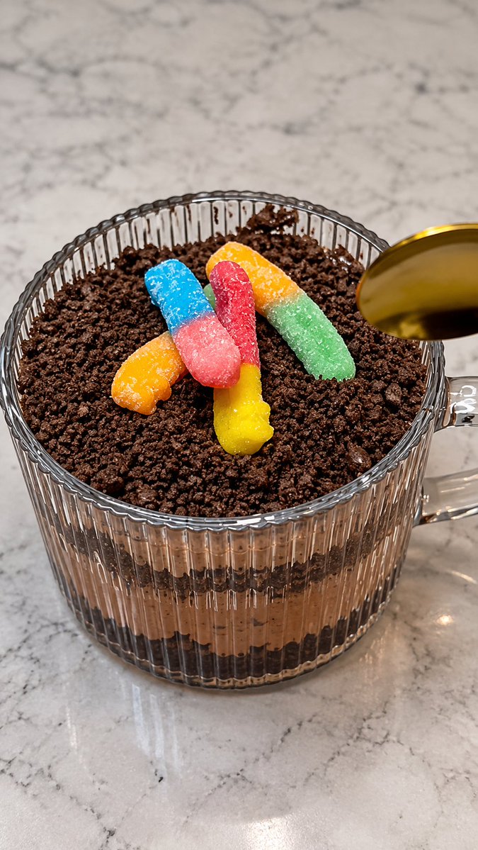 A glass mug displays a layered high-protein dirt dessert topped with crushed chocolate cookies and colorful gummy worms, with a gold spoon ready for digging in. The image perfectly captures the post's playful concept of a childhood favorite reimagined as a macro-friendly, protein-packed treat.