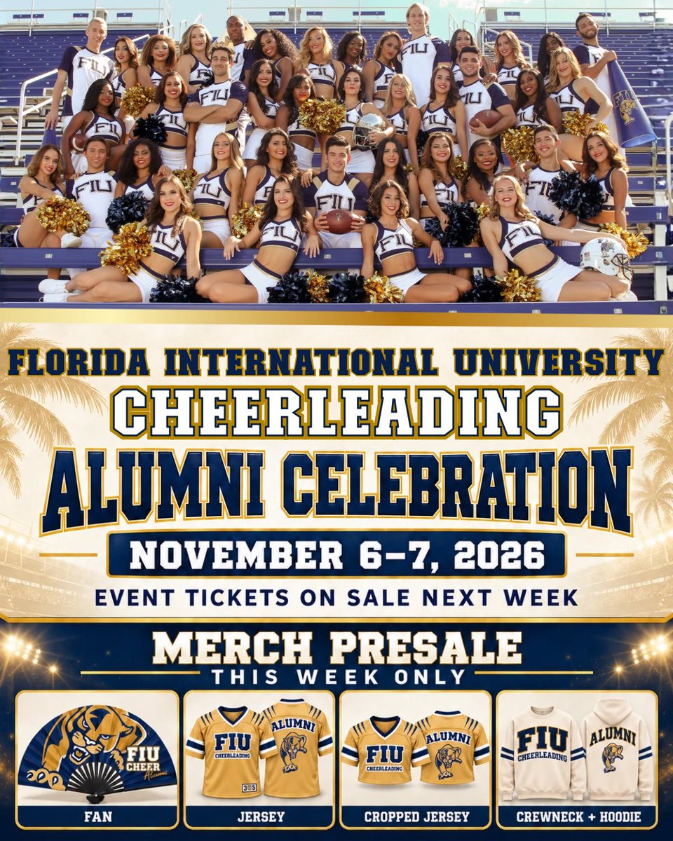FIUCheer_alumni's tweet photo. 📣FIU CHEER ALUMNI CELEBRATION
🗓️NOVEMBER 6-7
📍MIAMI, FL

⏰MERCH PRE-SALE THIS WEEK ONLY

🎟️FRI &amp; 🏈 SAT EVENT TICKETS ON SALE NEXT WEEK

💙PLEASE SHARE &amp; TAG A TEAMMATE

✍️RSVP https://t.co/Bk7x1NFUlJ 
❤️ALUMNI FB https://t.co/3OS3saHBl5
🛍️ALUMNI MERCH https://t.co/VGBJg8eEn8 https://t.co/2YazjHMcLQ