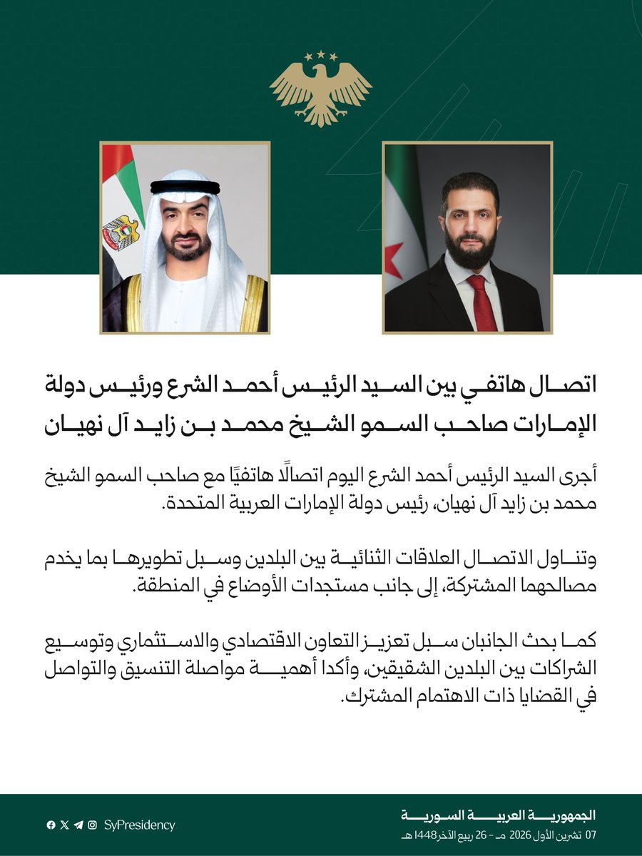 SyPresidency's tweet photo. اتصال هاتفي بين السيد الرئيس أحمد الشرع ورئيس دولة الإمارات صاحب السمو الشيخ محمد بن زايد آل نهيان.

#رئاسة_الجمهورية_العربية_السورية https://t.co/9fePP8dB5U