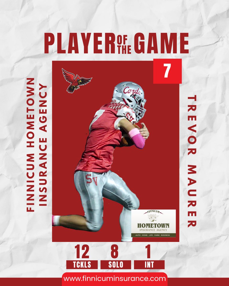 SVCardsFootball's tweet photo. The Week 7 Finnicum Hometown Insurance Agency Player of the Game, #7 Trevor Maurer!
⭐️
Maurer had 12 total tackles in the Cardinals game against Garaway, 8 of which were solo. He also recorded one interception for 4 yards and 4 kickoff returns for 16 yards. Go Trevor! https://t.co/5OxI2UM4i8