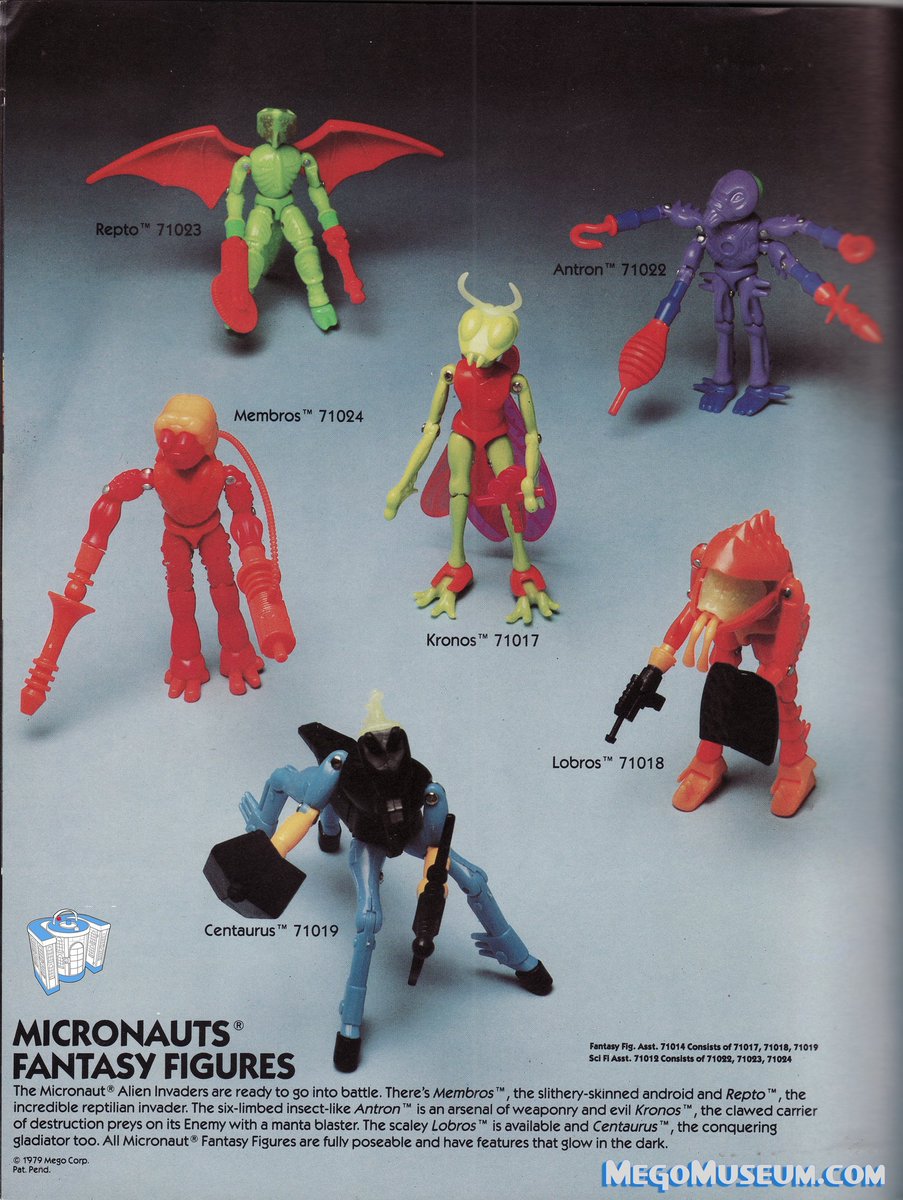 Plaidstallions's tweet photo. Micronauts Aliens, unlike most of the line, originated in the US, not Japan. A design firm developed the glow-in-the-dark-brained creatures for Mego. Their memorable packaging art was by Ken Kelly, known for album covers for bands like "KISS" & "Manowar."#Mego #micronauts https://t.co/T86ZjdBO9J