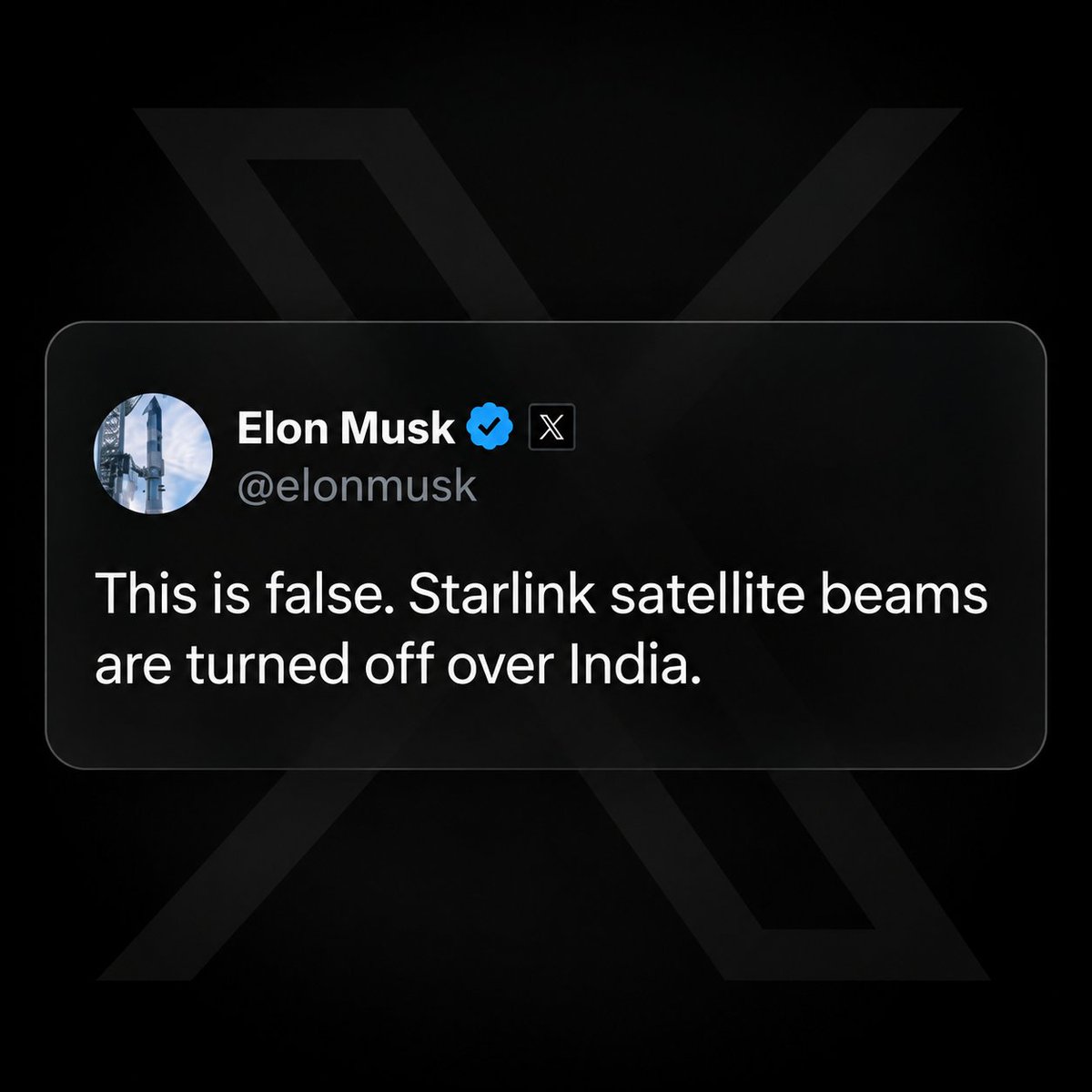 cb_doge's tweet photo. The claim that militants used Starlink in India makes no sense.

Starlink satellite beams are turned off over India. With the beams off, no Starlink device can connect in India.

Even Elon Musk himself has confirmed this.

Stop spreading misinformation. https://t.co/6PVA11Be3u