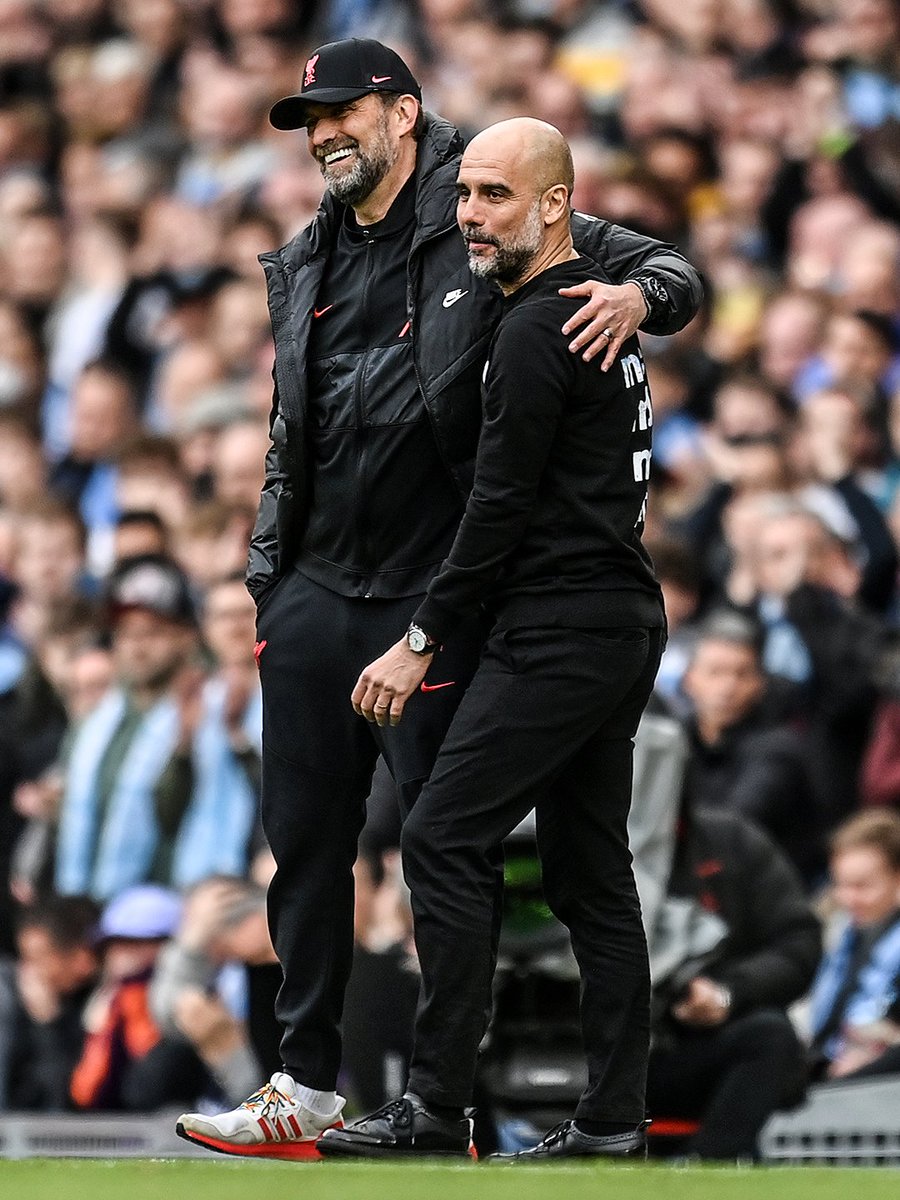 footballontnt's tweet photo. For the first time in over 10 years, Liverpool vs Man City will take place this weekend without one of Jurgen Klopp or Pep Guardiola in the dugout 🏟️ https://t.co/fHsfdRP6Vo