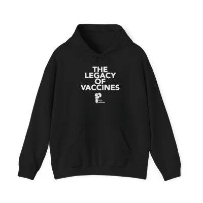 Black hooded sweatshirt with The Legacy of Vaccines and PIDS Foundation logo against a white background