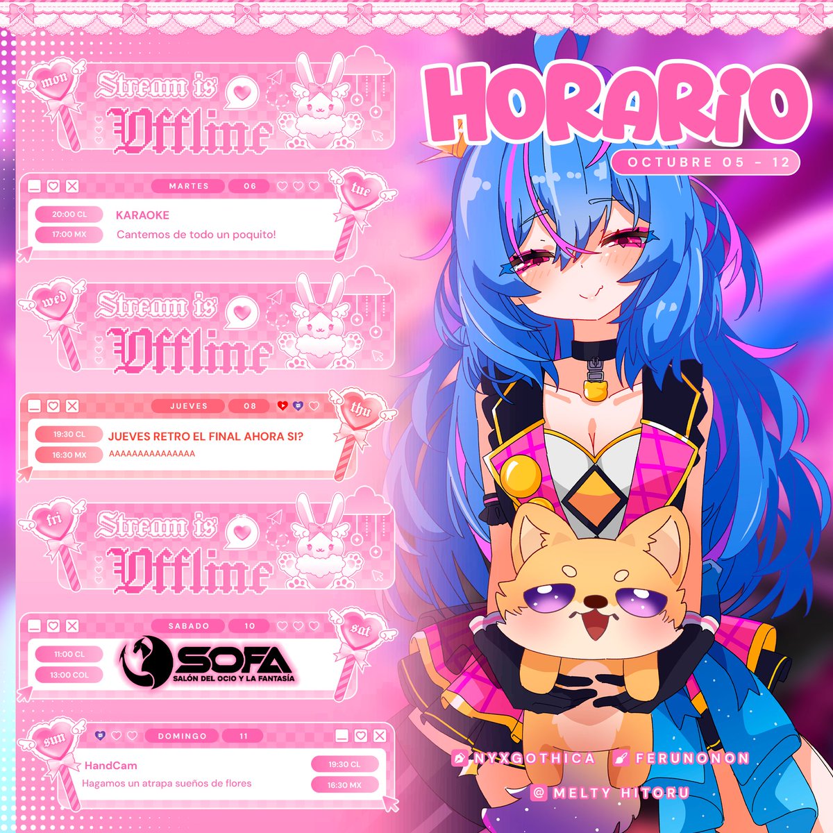 MeltyHitoru's tweet photo. Horario de la semana ✦ 
| 05 - 11 OCT

Perdón lo tarde chicos, semana ocupadita :3

────── ⭒ ✦ ⭒ ──────
👑: #MeltyHitoru
🔴: #MeltyLIVE
🎨:#MeltyHimeART https://t.co/TzF7sxEedF