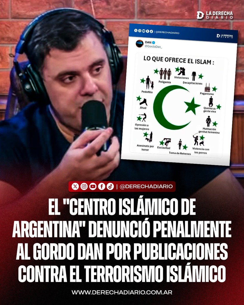 laderechadiario's tweet photo. 🚨🇦🇷 | ARGENTINA NUNCA SERÁ MUSULMANA: El "Centro Islámico de la República Argentina" denunció penalmente al @GordoDan_ por publicaciones en redes contra el terrorismo islámico, en un intento de censurar la libertad de expresión.

Aun así, Dan anticipó que no dará marcha atrás en sus críticas: "Ahora estos muchachos están persiguiendo ciudadanos argentinos para meterlos PRESOS literalmente por criticarlos. Ni amenazas, ni hostigamientos, ni violencia: crítica pura y dura. Eso sí, de los genocidios cristianos, de los atentados por todo el mundo, de las violaciones en Europa, de las imposiciones religiosas por la fuerza, de los casamientos con nenas, de los asesinatos de homosexuales, de las lapidaciones por adulterio, del maltrato a las mujeres y todas las BARBARIDADES cometidas en nombre de la religión de ELLOS, NUNCA DICEN NADA".
