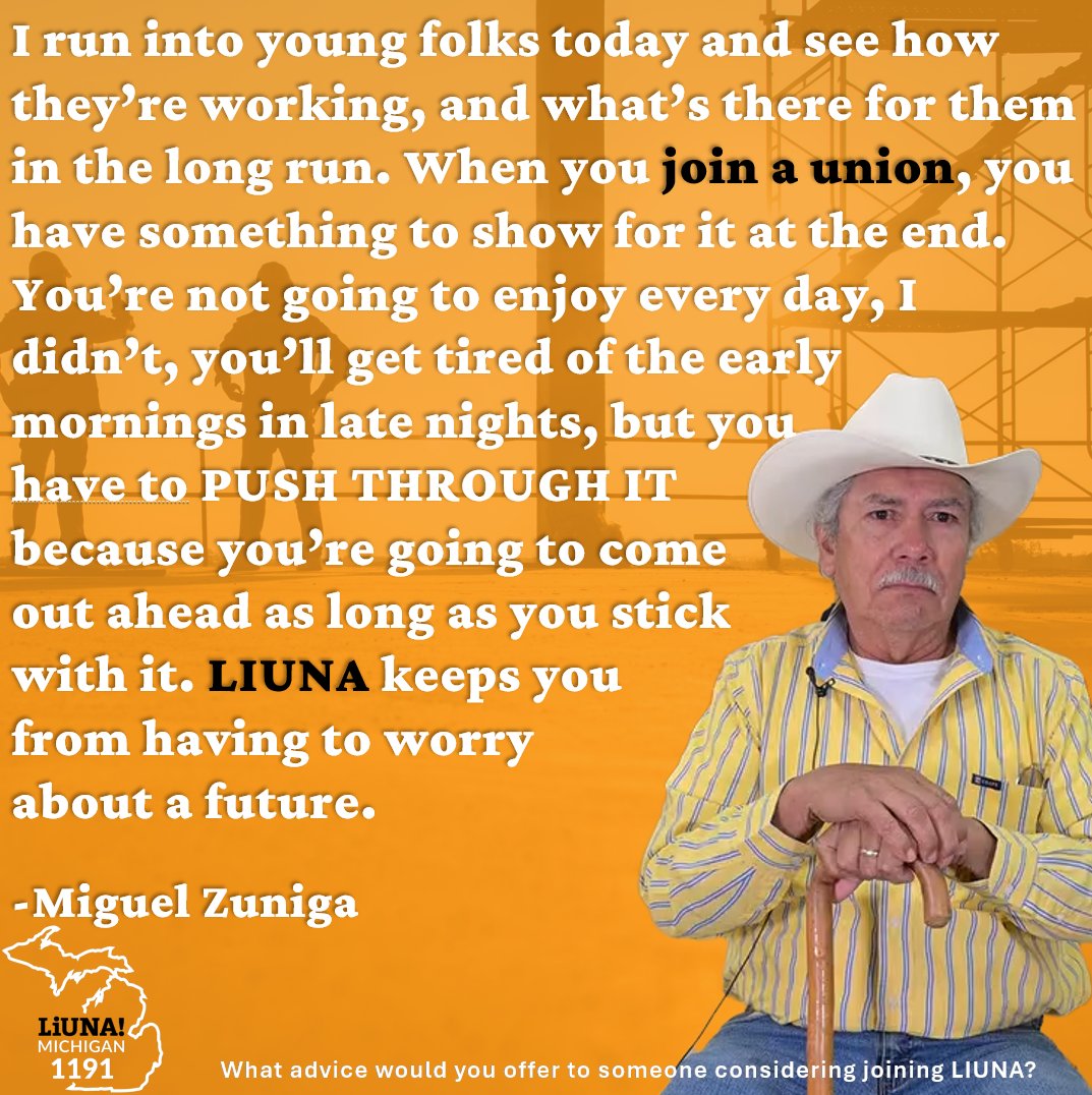 MiLaborers's tweet photo. Today's first feature for #LaborersForLife Tribute Week is Laborers' Local 1191 Retiree Miguel Zuniga!
Miguel shared his story of struggling to find work in Texas and traveling acorss the country to find a better life until he finally landed in Michigan. Still he had to work hard to prove himself to secure a good career. Through his perseverence, he found LIUNA, and to this day he stays involved, and stresses the importance of joining a #Union.
#FeelThePower #LaborersRising #OurUnionStories