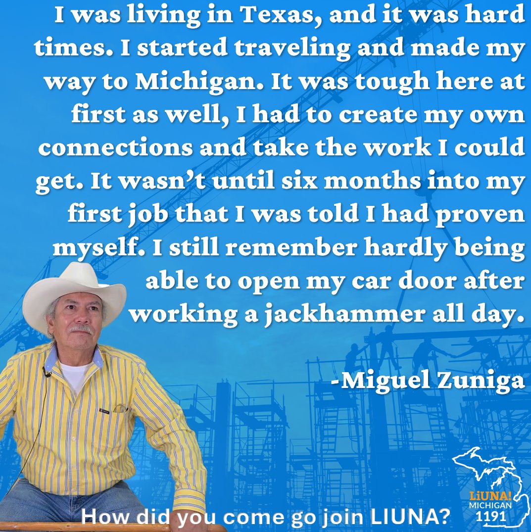 MiLaborers's tweet photo. Today's first feature for #LaborersForLife Tribute Week is Laborers' Local 1191 Retiree Miguel Zuniga!
Miguel shared his story of struggling to find work in Texas and traveling acorss the country to find a better life until he finally landed in Michigan. Still he had to work hard to prove himself to secure a good career. Through his perseverence, he found LIUNA, and to this day he stays involved, and stresses the importance of joining a #Union.
#FeelThePower #LaborersRising #OurUnionStories