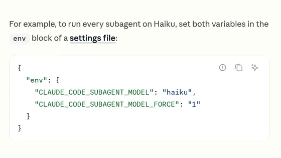 LoayWithAI's tweet photo. In Claude Code, keep the main session on Opus 5.5. These two env lines from Anthropic's docs put every subagent on Haiku.

To pin just one, add model: haiku to that subagent's file instead. Run /tasks to see which model each one is on. Update Claude Code first. https://t.co/HFyEuBoYTc