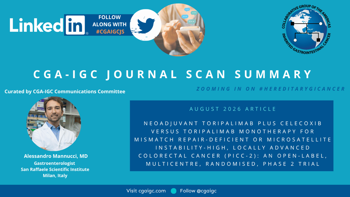 CGAIGC's tweet photo. 📚 Missed PICC-2 from our Journal Scan? 

➡️Adding celecoxib to neoadjuvant immunotherapy raised pathological complete response from 69% to 89% in dMMR/MSI-H colorectal cancer. Larger trials are needed.

🔬 Explore the findings with @AlexMannucci's blog 👉 https://t.co/H0ADICcpyU https://t.co/jkk1d6n0o5