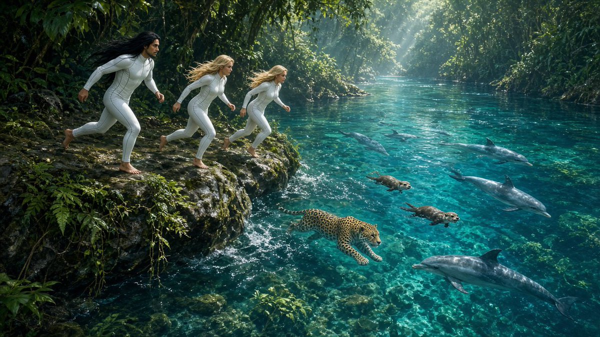 Meraishik's tweet photo. My friends from this soon you will be able undertake this fun activity without having to wipe and rub your eyes to rid seawater off your eyes,

Depiction of 3 Pleiadian friends from Origin running to dive into a freshwater river basin to exercise and explore and swim with all beloved animals you know as  Dolphins, Otters and  yes a Jaguar

Pt1
