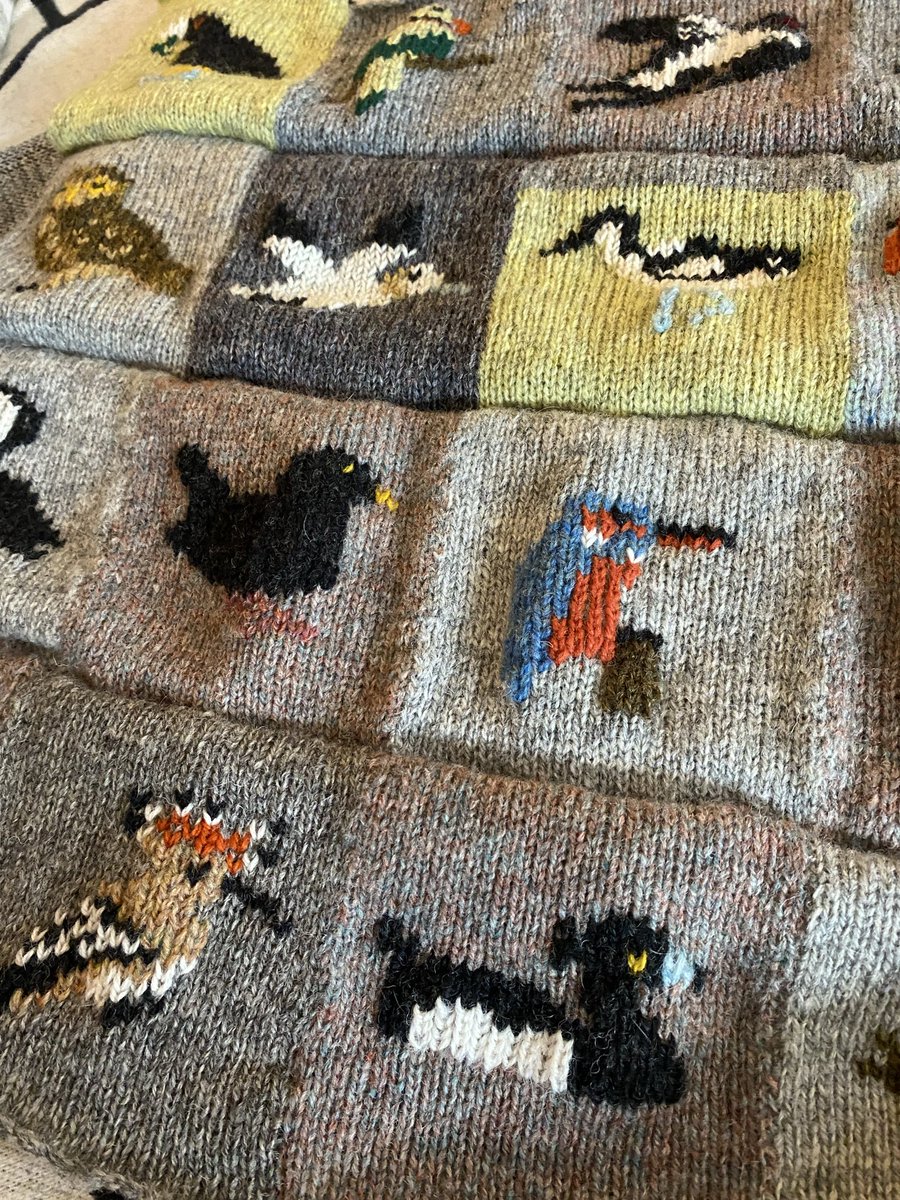 TheRebeccaRiots's tweet photo. Currently sewing together all my knitted patchwork squares of British birds. The aim is to create a cardigan (birdigan?) or a waistcoat. Making this up as I go along! https://t.co/ItvbaOgC1T