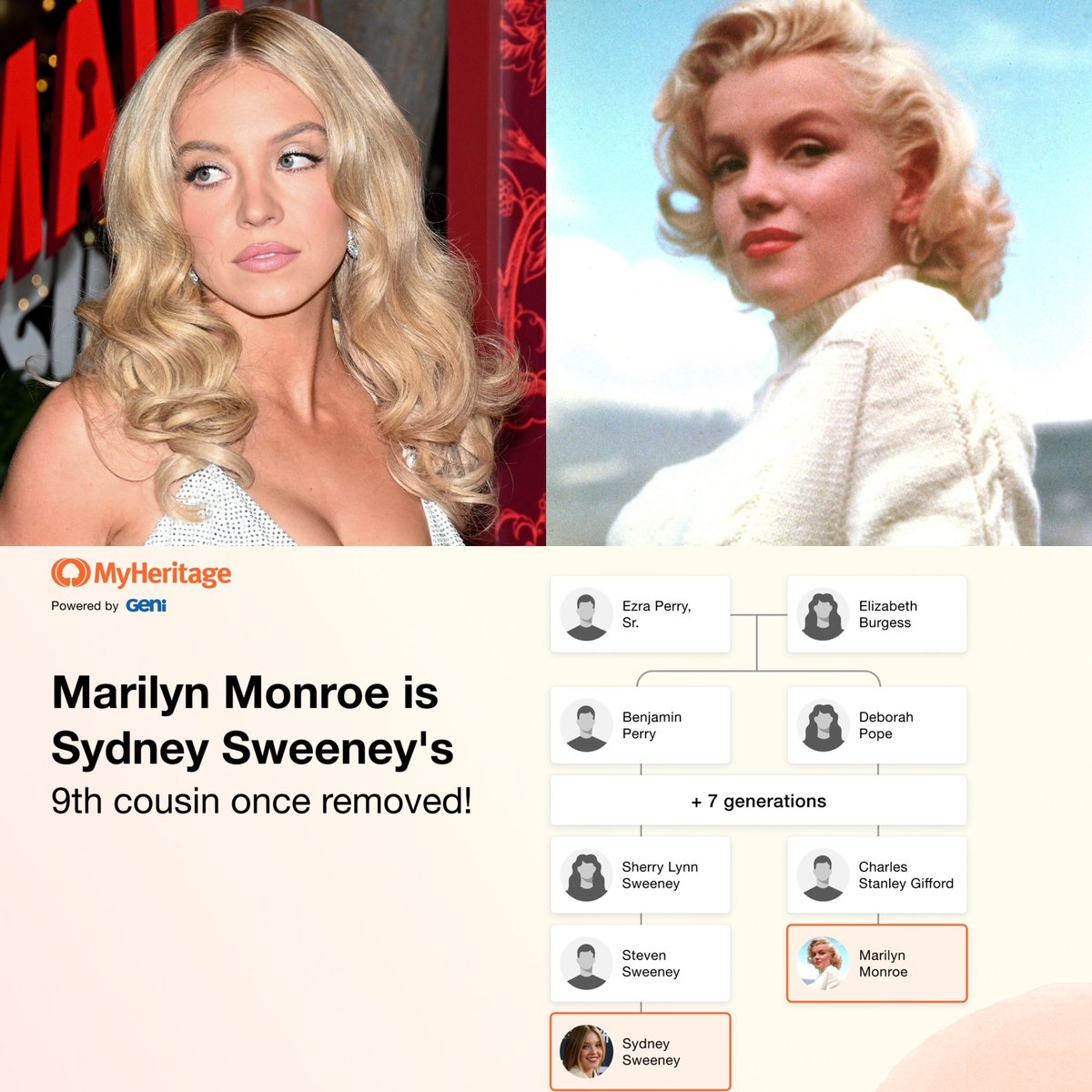 PopCrave's tweet photo. Marilyn Monroe is Sydney Sweeney’s 9th cousin once removed according to a study by @MyHeritage. https://t.co/lfWHOeqoCF
