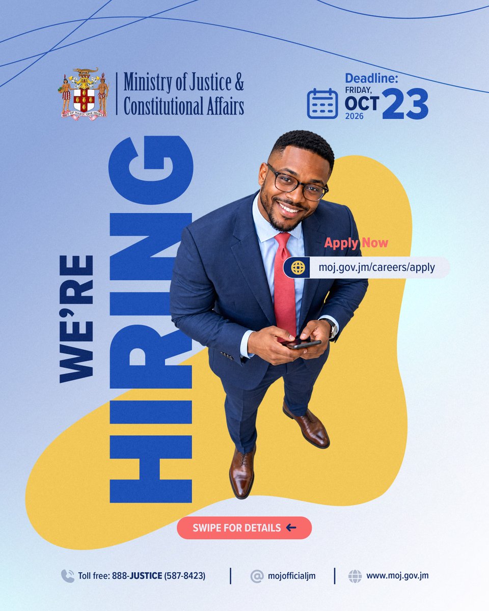 mojofficialjm's tweet photo. WE’RE HIRING!

Application Deadline: Fri, Oct 23, 2026

How to Apply:
Submit your cover letter and résumé, along with the name, telephone number and email address of two references. One reference must be a current or former supervisor.

👉 Apply online: https://t.co/QpMoFtmv1u https://t.co/if1TeJGvCj
