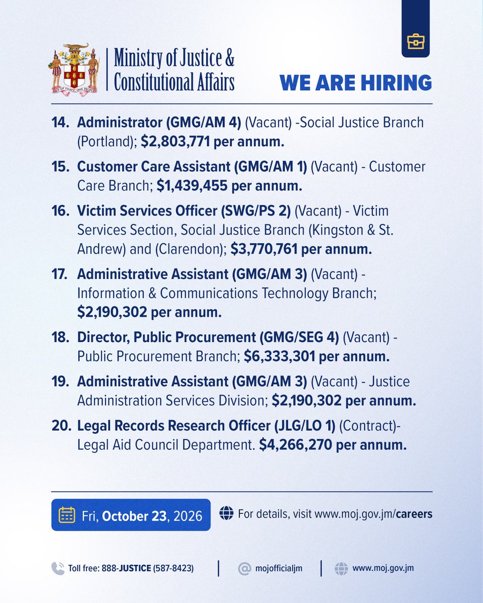 mojofficialjm's tweet photo. WE’RE HIRING!

Application Deadline: Fri, Oct 23, 2026

How to Apply:
Submit your cover letter and résumé, along with the name, telephone number and email address of two references. One reference must be a current or former supervisor.

👉 Apply online: https://t.co/QpMoFtmv1u https://t.co/if1TeJGvCj