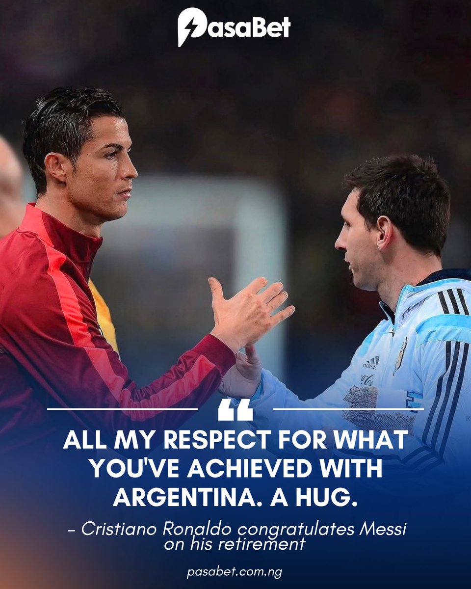 pasabethq's tweet photo. Cristiano Ronaldo congratulates Lionel Messi on his retirement: 
“Leo, so many years of defending your country and a history that will last forever. All my respect for what you have achieved with Argentina. A hug.” https://t.co/P5CZHSUtRN