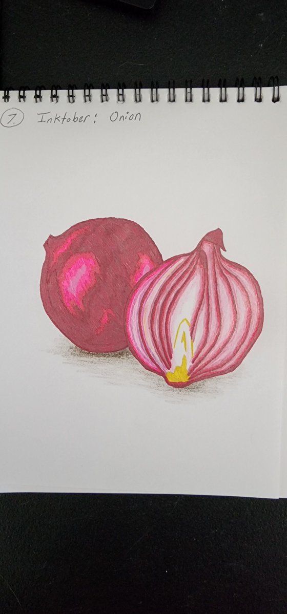 SpoookySapphire's tweet photo. Day 7 of Inktober. Prompt: Onion. 

Pretty easy on this one. Only difficulty was getting my dried out gel pens to work.

#inktober
#spilledinktober
#spilledink
#spilledinktober2026 https://t.co/jwItJTUGbr