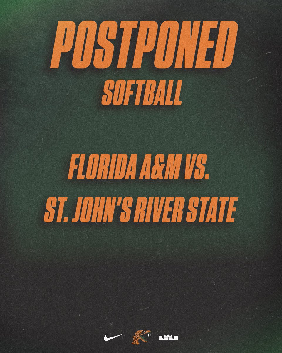 FAMUAthletics's tweet photo. 🥎 POSTPONED | Tomorrow's softball game against St. John's River State has been postponed. Updates on a makeup date will be shared as soon as they're available.

#FangsUp | #FAMUly https://t.co/n9G12BVSSM