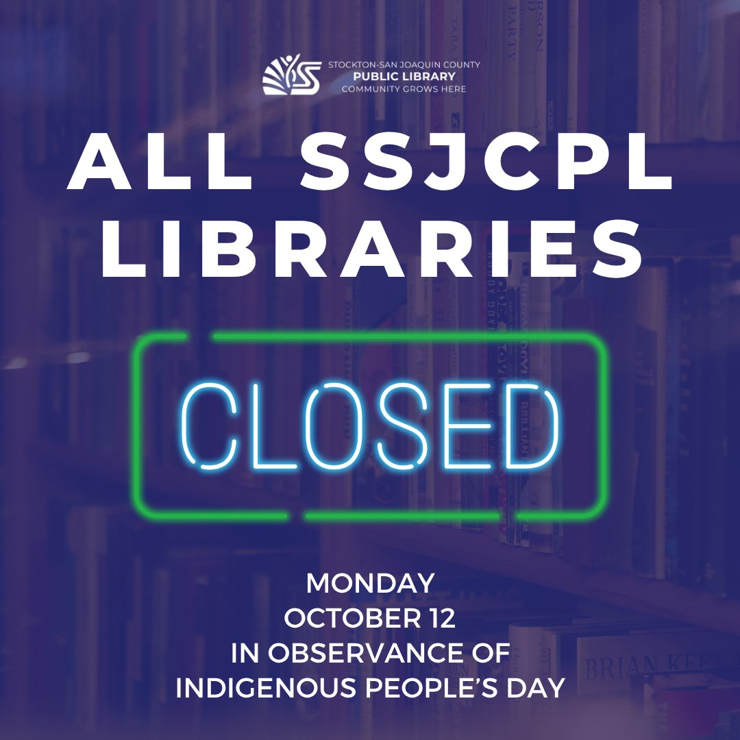 SSJCPL's tweet photo. All SSJCPL Libraries will be closed on Monday,
October 12th in observance of Indigenous People's
Day. https://t.co/XvP3OUqpDR