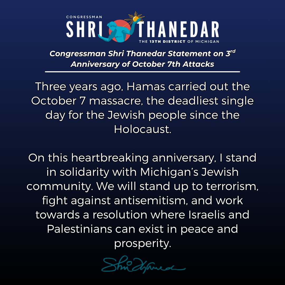 A dark blue-to-black political statement graphic with a congressman’s logo at the top, a headline, several paragraphs of white text, and a turquoise signature at the bottom. The statement concerns the anniversary of the October 7 attacks and solidarity with Michigan’s Jewish community.