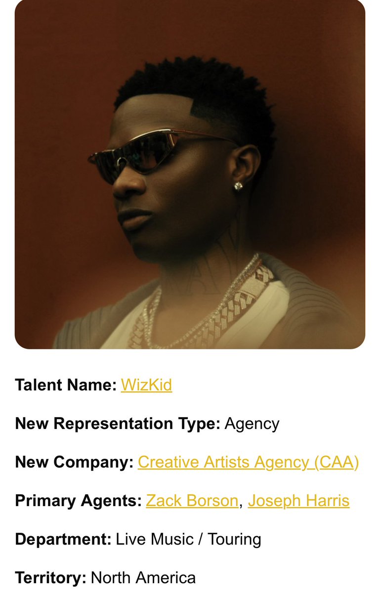 chartradar_'s tweet photo. Wizkid has signed with Zack Borson and Joseph Harris for creative Artists Agency (CAA) for exclusive live representation across North America. 

They now exclusively handle all his concerts, bookings, tours and festivals across North America. 

While he retains United Talent Agency (UTA) for international touring.