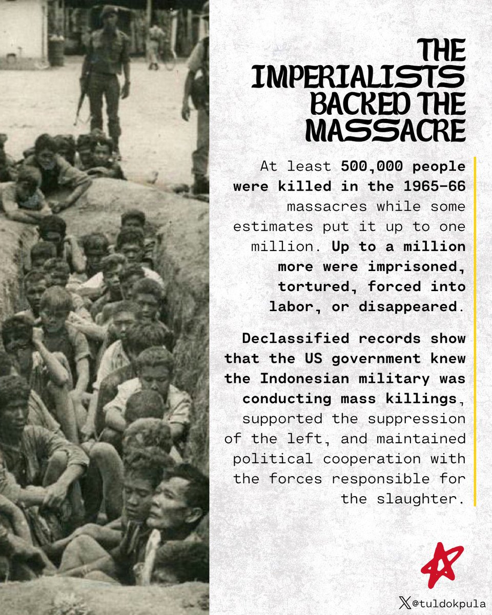 tuldokpula's tweet photo. The killings form a part of the campaign of Washington to contain communism. With Sukarno's rule being backed by the PKI, the US wanted it to be eliminated.

Then-Defense Secretary McNamara remarked that the anti-communism of the Indonesian army was owed to US military assistance https://t.co/l0EeMuVsUs