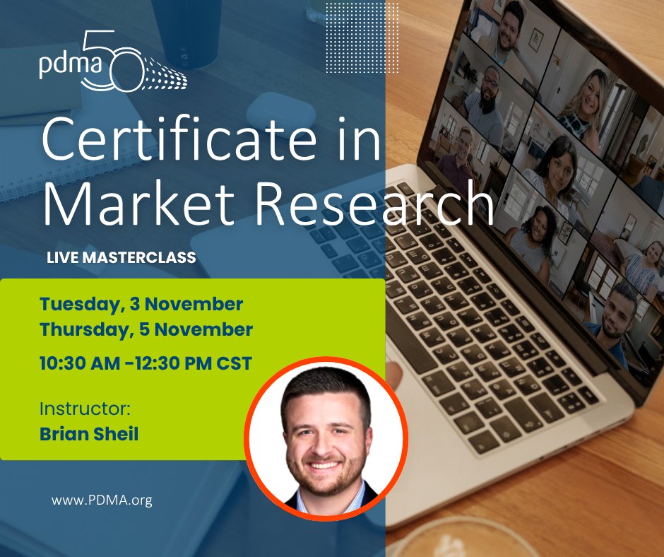 PDMAIntl's tweet photo. Market research shouldn't stop at an interesting insight. It should help you decide what comes next.

Build the skills through the PDMA Certificate in Market Research Live Virtual Masterclass.

Nov. 3 &amp; 5 | Only 15 spots

https://t.co/1ilGA7NjmN

#PDMA #MarketResearch https://t.co/hgNCkIvRIx