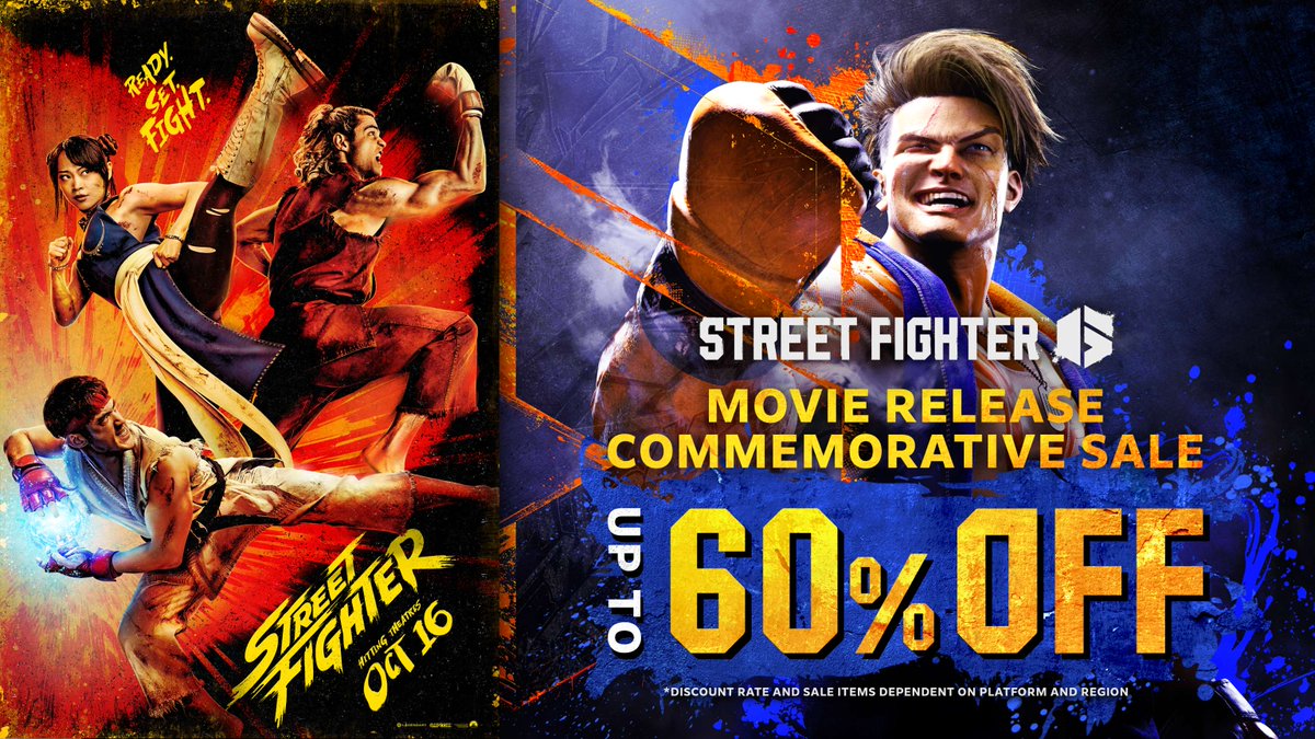 StreetFighter's tweet photo. Push. Start. We're commemorating #StreetFighterMovie hitting theaters on October 16 with the biggest sale to date for Street Fighter 6.

Get the PlayStation and Steam base game right now for a limited time for as low as $15.99 (up to 60% off)!

Years 1-2 Fighter's Edition and Year 1, 2, 3 Passes are also on sale. Start your fighting journey now.