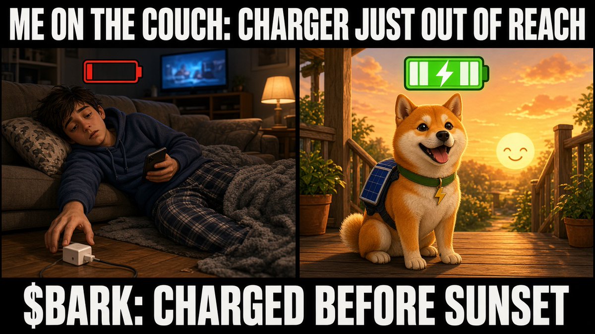 Barksolardog's tweet photo. Me on the couch: charger just out of reach 🛋️🔌
$BARK: charged before sunset ☀️🐶

#Solana #SolarPunk https://t.co/2P8uVzGgfL