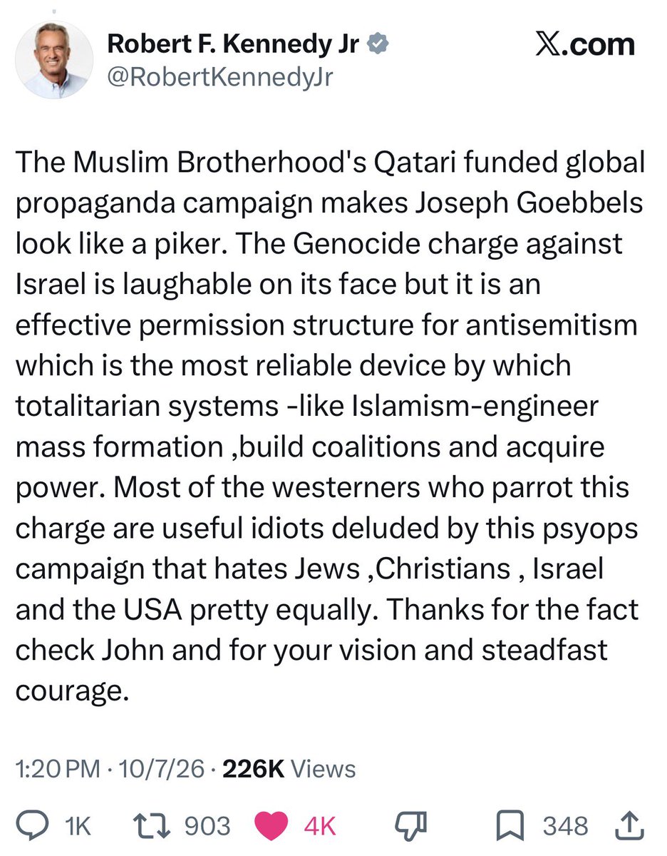 MarinaMedvin's tweet photo. RFK Jr. got bullied into removing his post about the true source of rising antisemitism in America — Qatar and Muslim Brotherhood’s disinformation campaigns.

But I saved it.

Don’t let the truth be hidden by fear of Islamist retribution. https://t.co/Cq5NKOh53E