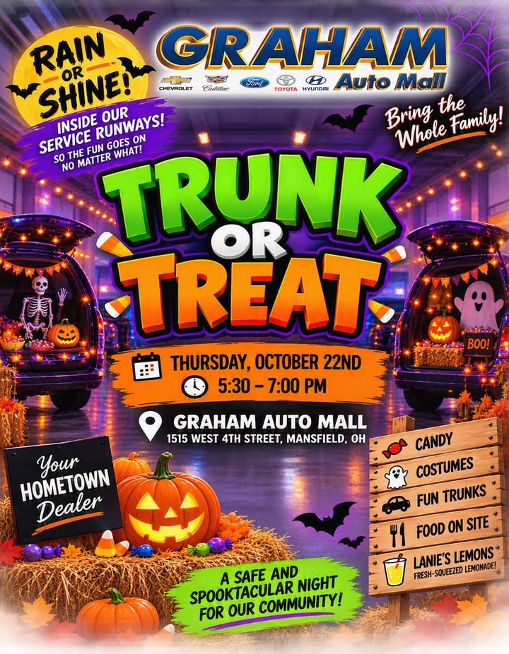 GrahamAutomall's tweet photo. Enjoy spooktacular trunks, some sweet treats from Lanie's Lemons, and our lineup of food trucks during the Annual Graham Trunk or Treat. Join us Thursday, October 22, from 5:30 p.m. to 7 p.m. Find out more about the Annual Graham Trunk or Treat: https://t.co/eEjbA6ng21 https://t.co/acTPZXFaOe