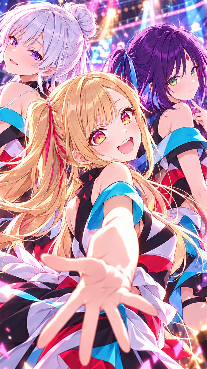 CheinCyan's tweet photo. 「みんなー！楽しんでるー？」✨

『超かぐや姫！』のかぐや・酒寄彩葉・月見ヤチヨをライブ衣装で！

3人のライブ、実際に観られるなら誰を一番目で追っちゃいますか？

Super Kaguya-hime! / Kaguya・Iroha Sakayori・Yachiyo Tsukimi
#超かぐや姫 https://t.co/g3ELzNYuZ7
