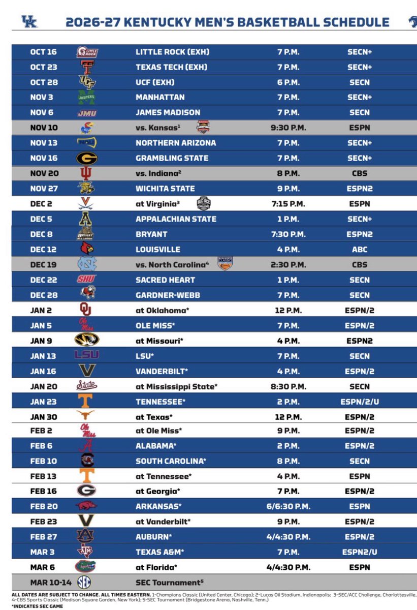 KySportsRadio's tweet photo. UK Basketball Schedule with times https://t.co/FcmvcQPa5M