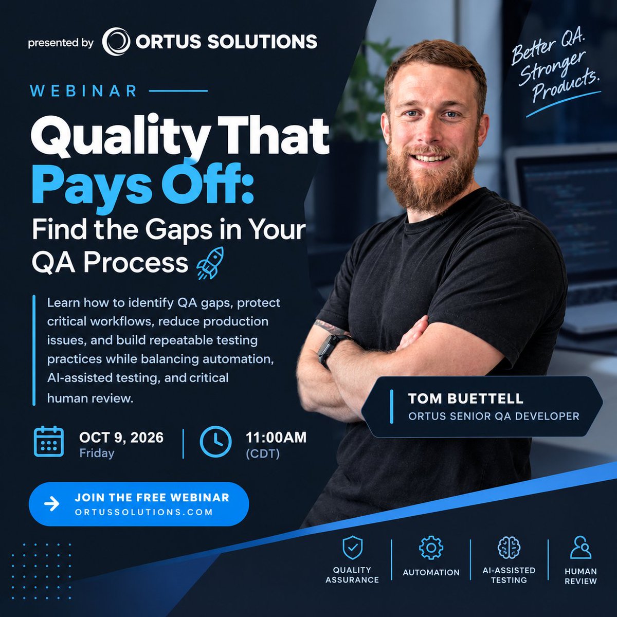ortussolutions's tweet photo. ⏰ Only 2 days until our QA webinar!

What happens when users do something your test cases never anticipated? 🔍

Join Tom Buettell, Senior QA Development Specialist at Ortus Solutions, to learn how teams can uncover hidden risks, identify edge cases, and strengthen their QA practices before problems reach production.

➡️ Explore our QA services and book a free 30-minute consultation:
https://t.co/kbdDqC9L28
📅 Join the free webinar:
https://t.co/OHxGWmXlgB

#MeetTheTeam #QualityAssurance #SoftwareTesting #OrtusSolutions