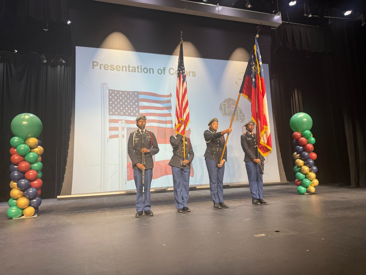 FultonCoSchools's tweet photo. Thank you to the Langston Hughes HS JROTC Color Guard for the presentation of colors at the FCS 2026 Graduation Rate Celebration! #FCSgrads #FultonCountySchools #JROTC https://t.co/geoX31Agka