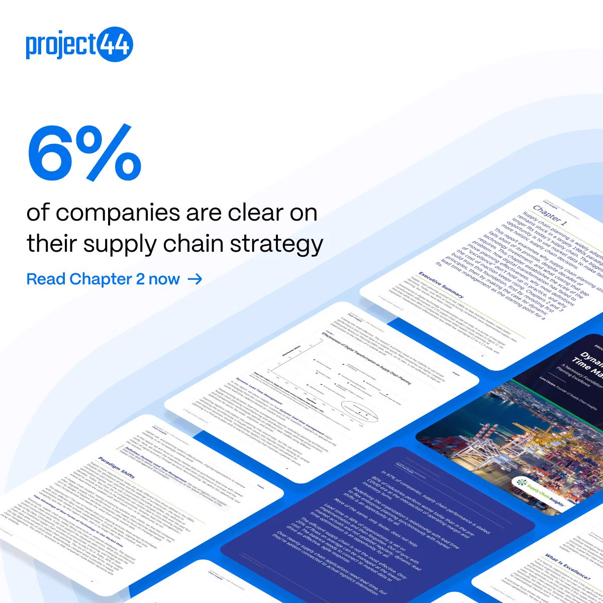 Text reading '6% of companies are clear on their supply chain strategy' with pages from a report.