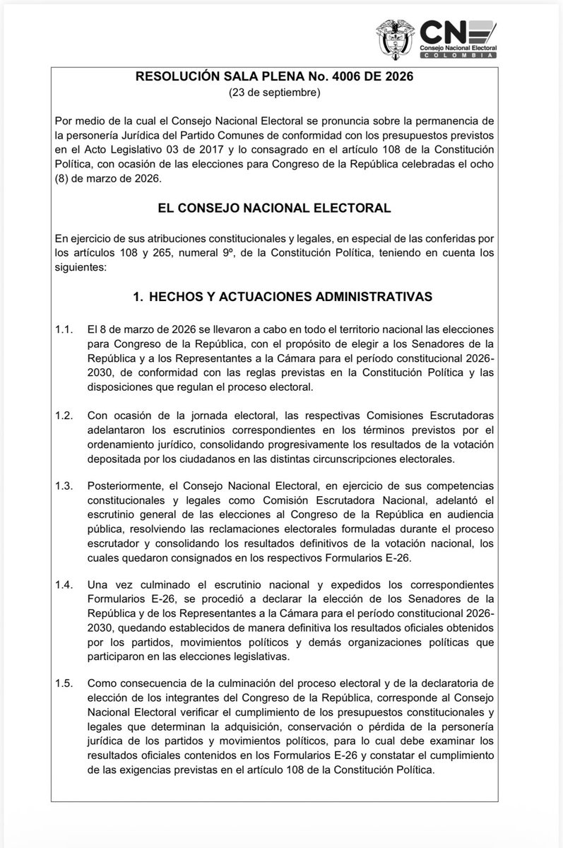 lafm's tweet photo. #Política | Esta es la resolución con la cual el Consejo Nacional Electoral (CNE) declaró la pérdida de la personería jurídica para el partido Comunes, que nació de la desmovilización de las FARC tras el acuerdo de paz. 

Con esta decisión, Comunes desaparece formalmente como partido político, en medio del debate que se ha generado en torno al papel de la JEP y a los pocos días de cumplirse los 10 años de la firma del acuerdo en La Habana.