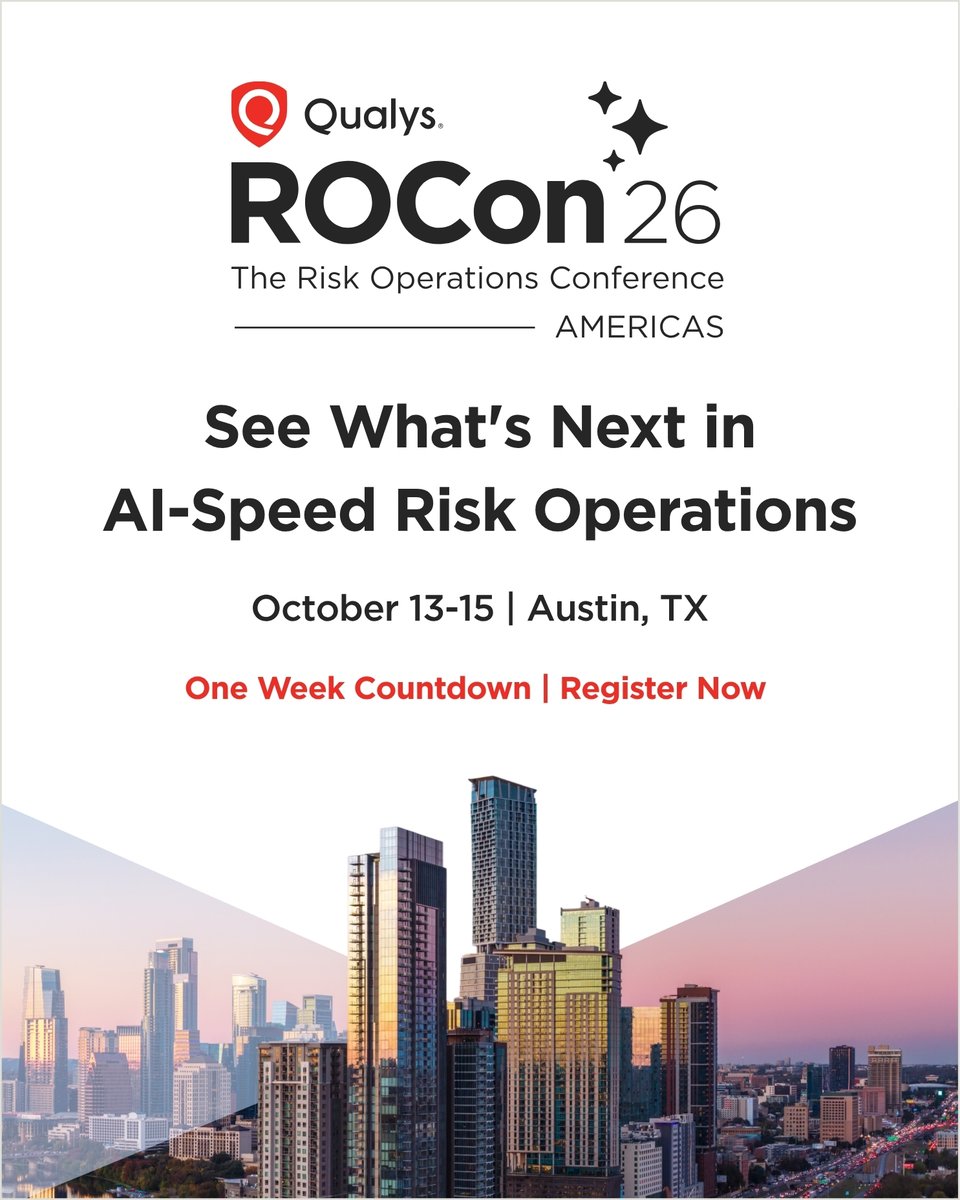 qualys's tweet photo. Only one week to go for ROCon26 Americas! 

This is the industry's only conference focused entirely on cyber risk operations. Over three days, you'll get hands-on training, deep dives into AI-speed detection, Hyper-prioritization, and Zero-day remediation with agentic AI and real-world case studies from practitioners at NiSource, Cintas, TD Bank and 3M on how they leverage Qualys to reduce risk at AI speed.

Then put it to the test in our Risk Busters Capture the Flag, where you'll detect, prioritize and remediate at AI speed with your own agent. Join us in Austin, Oct. 13-15.

Don't miss out and secure your spot today: https://t.co/L8APqoR2pH

#ROCon26 #Cybersecurity