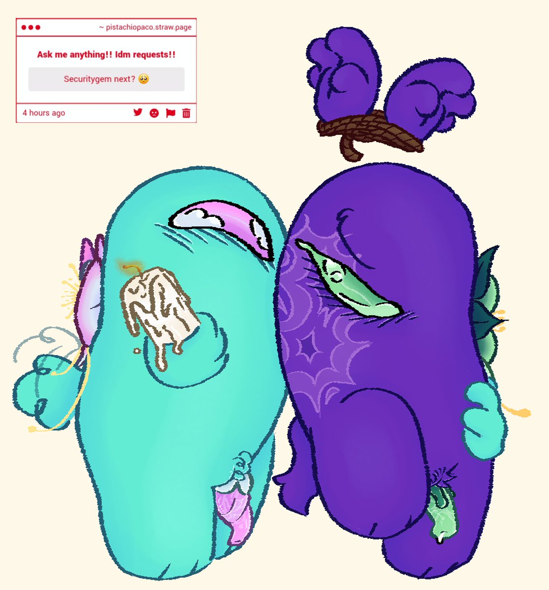 pistachiopaco's tweet photo. Two strawpage requests done for Yellow x Purple and Securitygem! Will need to do two more before I open up my requests again #amongbust #amongusnsfw https://t.co/P8ENlTOpAH