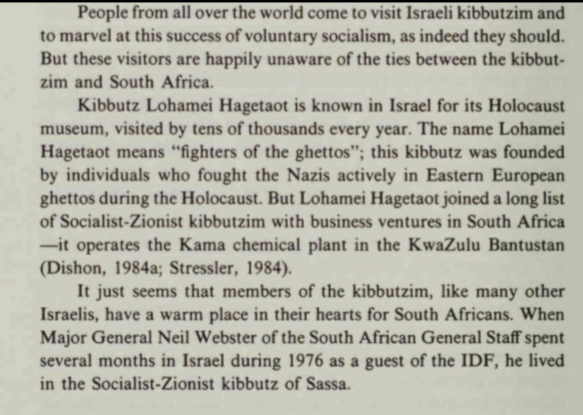 motelabyss's tweet photo. worth reiterating the role played by near every kibbutz in trade with/production for apartheid south africa (1-3), with one exception being a kibbutz that didn’t sell firefighting equipment to south africa but did to pinochet’s chile where it was used for crowd control (4) https://t.co/Q6duo9Qnmv