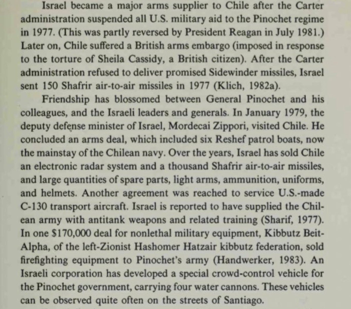motelabyss's tweet photo. worth reiterating the role played by near every kibbutz in trade with/production for apartheid south africa (1-3), with one exception being a kibbutz that didn’t sell firefighting equipment to south africa but did to pinochet’s chile where it was used for crowd control (4) https://t.co/Q6duo9Qnmv