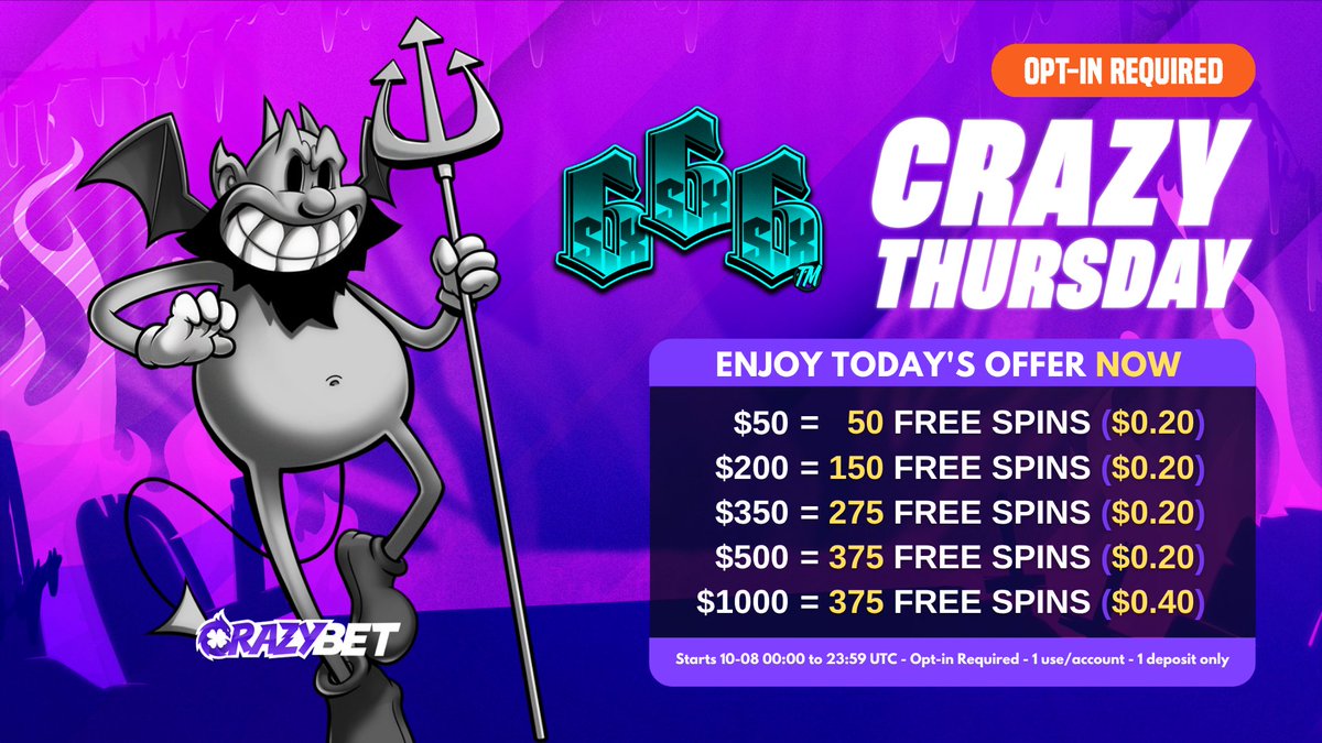 crazybet's tweet photo. Crazy Thursday is live! 😈 

Grab your free spins on your way to the Devil's Den 🎰

💵 Up to 375 Free Spins on SixSixSix
⏰ 10-08 from 00:00 to 23:59 UTC  

Drop your ID for a chance a 2x50 FS 🎰 https://t.co/cBX4fyIv1L